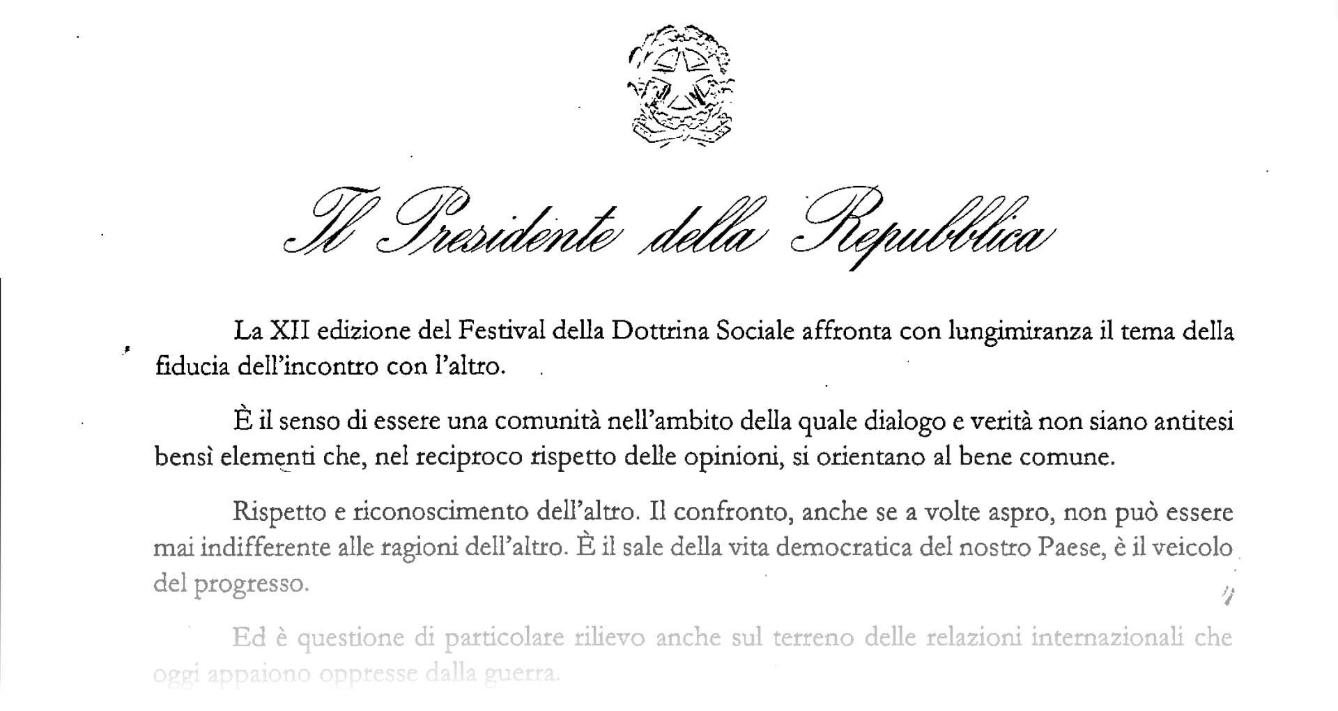 Lettera del Presidente Mattarella per il XII Festival DSC