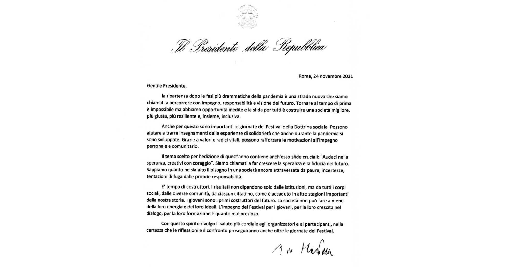 Lettera dal Presidente della Repubblica Sergio Mattarella per il Festival DSC 2021